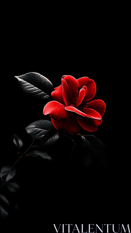 Red Rose Bloom with Dark Green Foliage Against Black Background