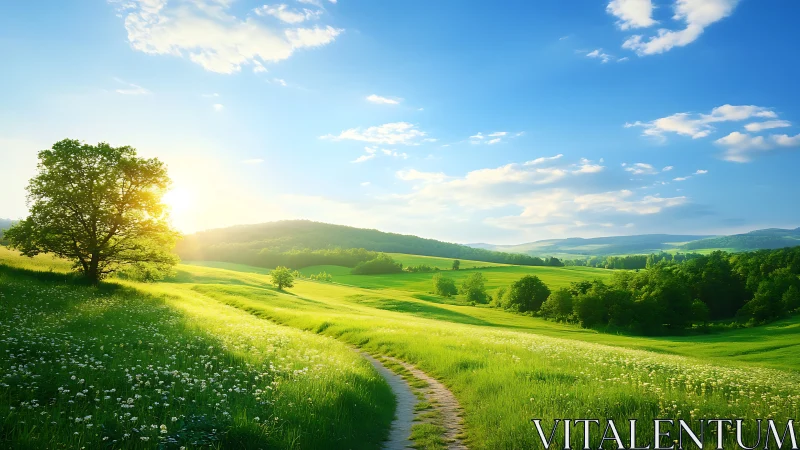 Sunlit rural meadow with distant hills and single dirt path.