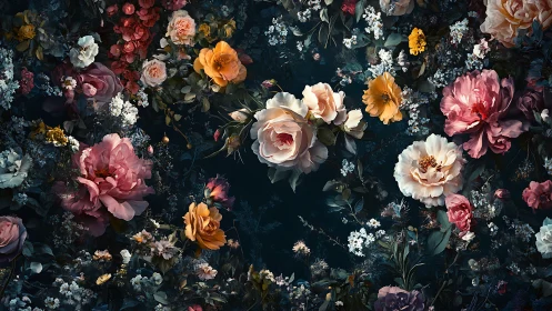 Dense floral arrangement with roses, peonies, and baby's breath on dark background