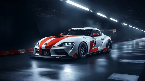 Track-tuned race car glows under neon tunnel lights tonight