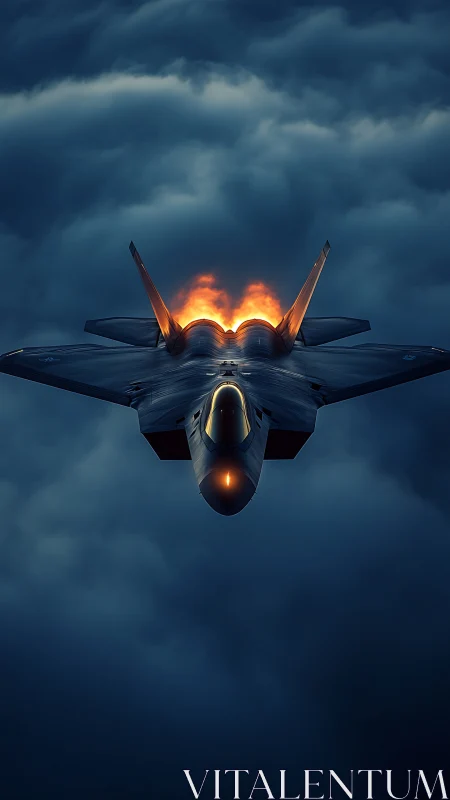 Stealth jet ascends through storm clouds with blazing afterburners.