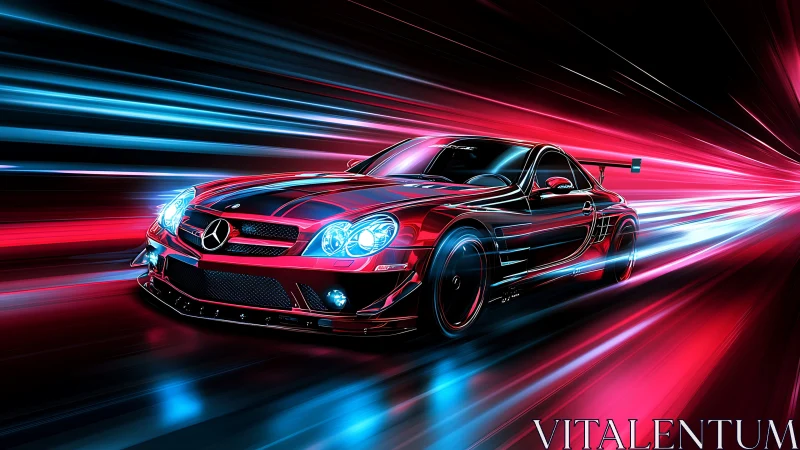 Neon sprinting supercar in electric red and cyan motion tunnel.