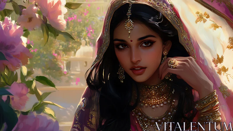 Digital portrait renders jeweled South Asian bride in floral light