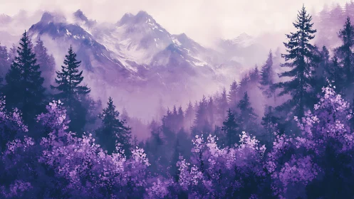 Layered alpine forest receding into mist with violet tonal palette