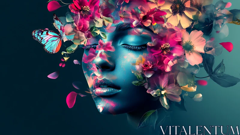 Digital portrait integrates blue human face with floral elements
