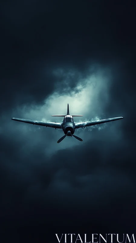 Single propeller aircraft aligned centrally in storm-lit cloud void