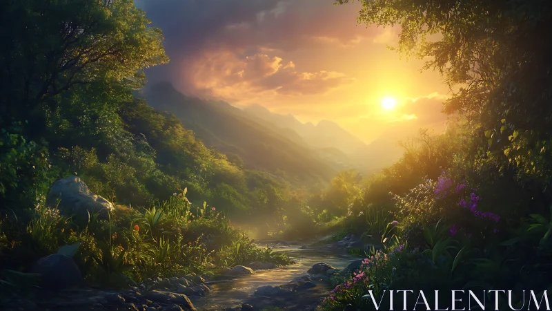 Digital painting sunset stream in luminous valley landscape.