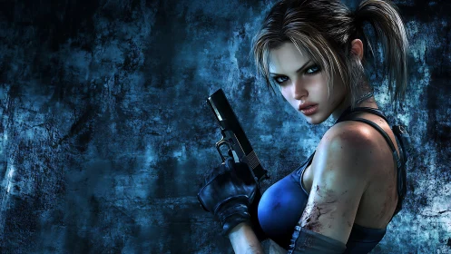 Armed female fighter in blue tactical gear against wall.