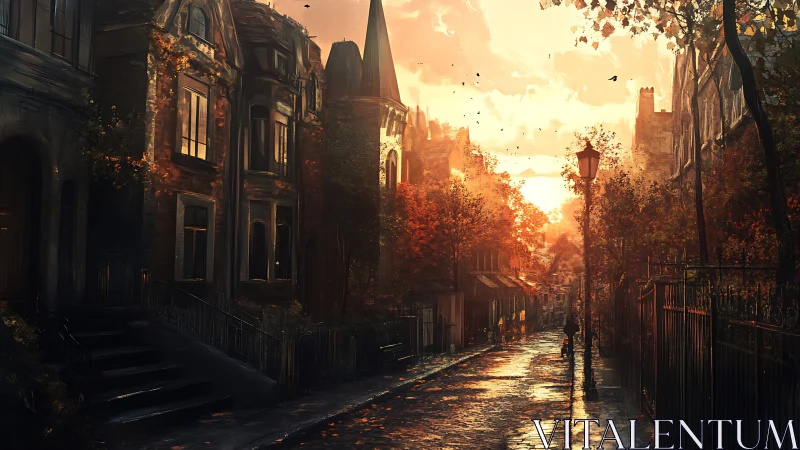 Sunlit autumn city street glows with nostalgic warmth at dusk.