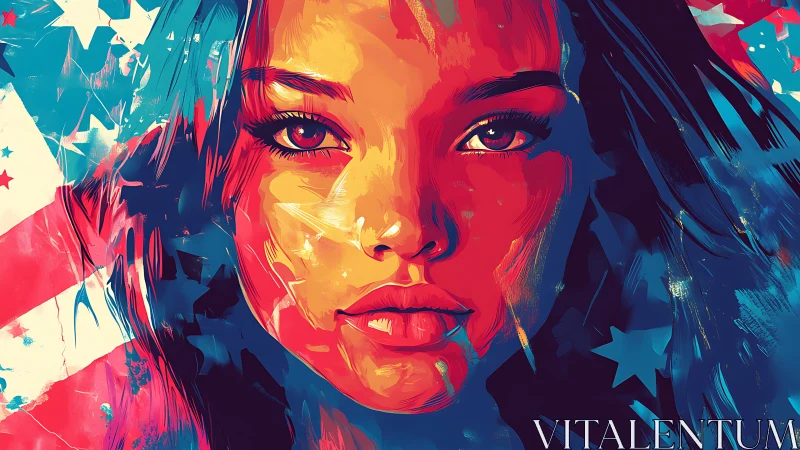 Vibrant digital portrait overlays a stylized American flag backdrop