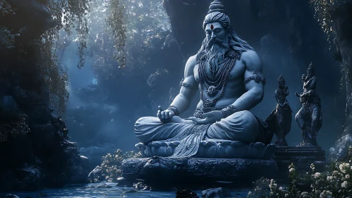 Moonlit stone deity meditates within misty jungle grotto.
