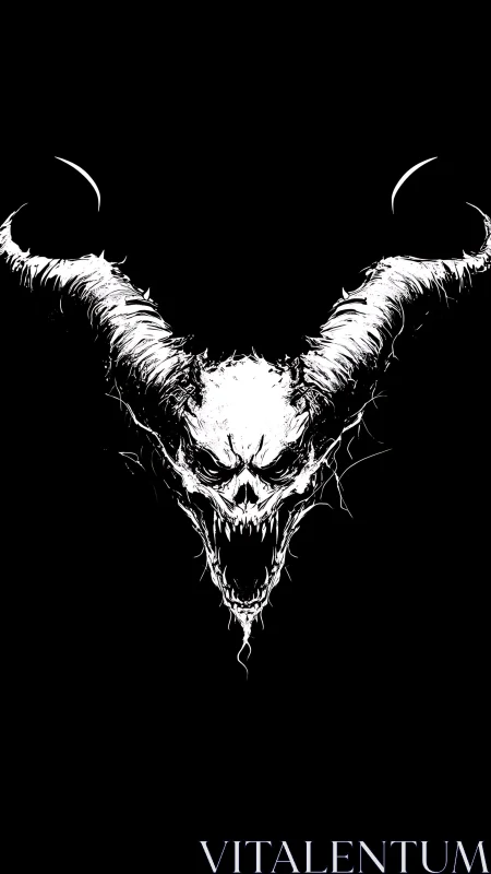 Demonic horned skull illustration on stark black field.