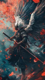 Winged samurai warrior stands amid swirling scarlet petals.