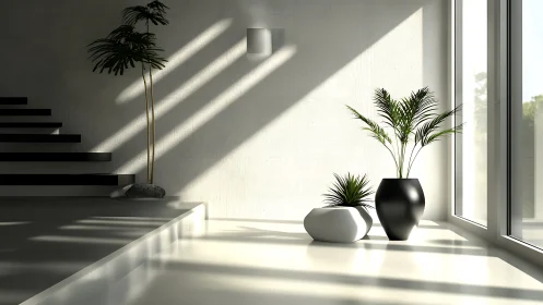 Minimalist interior renders sharp light across sculpted planters