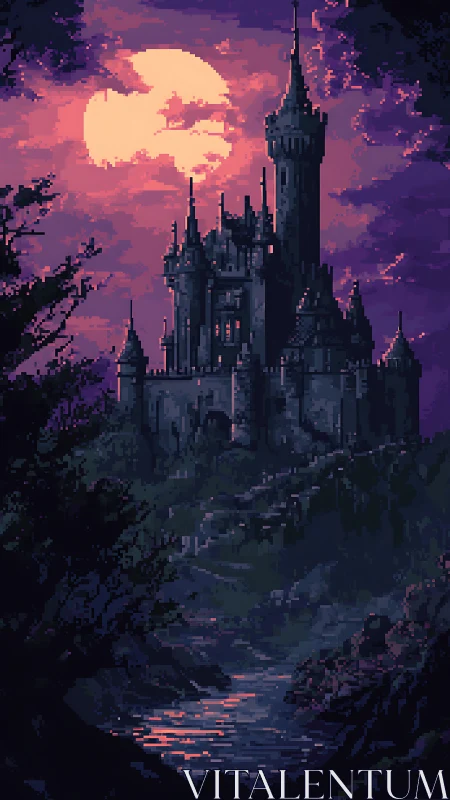Pixelated gothic castle under magenta moonlit sky at dusk
