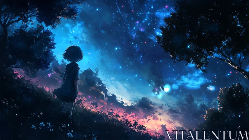 Nocturnal skyfield with silhouetted observer and nebular bloom.