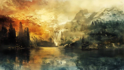 Misty mountain lake with trees, cliffs and waterfall.