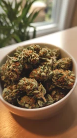 Cannabis buds in ceramic bowl under diffused natural window light