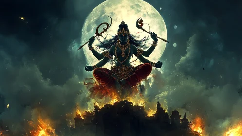 Divine warrior silhouette before full moon over burning city.