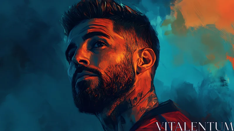 Chromatic male portrait under opposing spectral light fields.