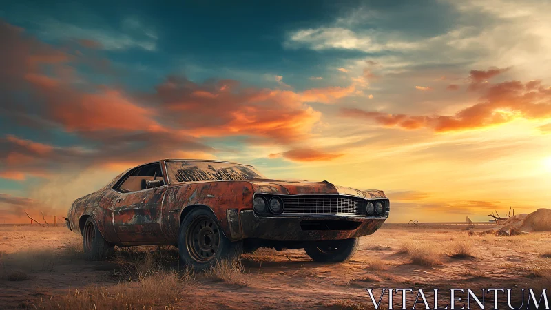 Sunset-rusted muscle car brooding over desolate desert road.