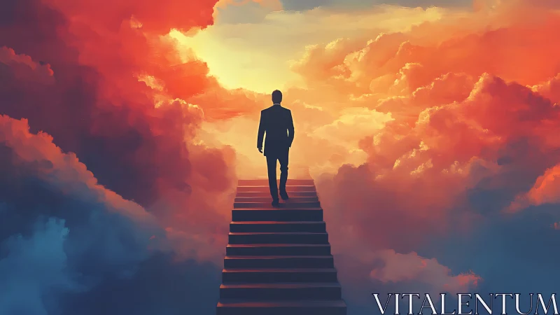 Solitary dreamer ascends sunlit stairway through crimson sky.