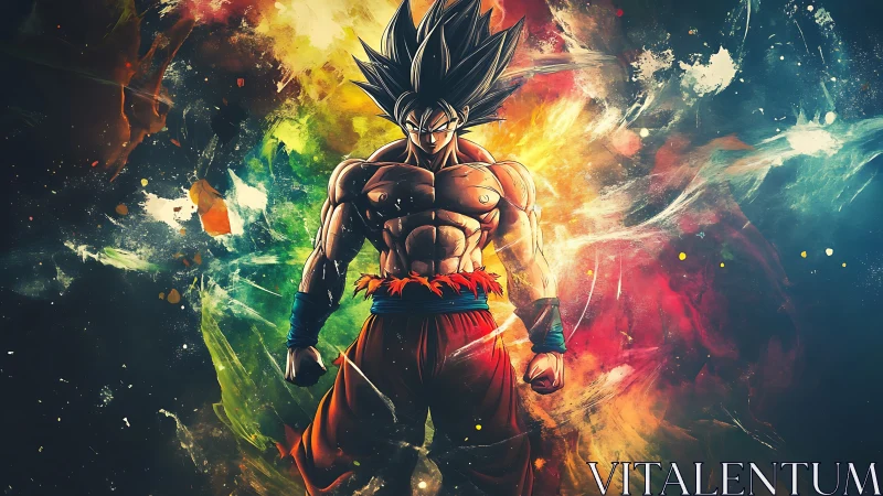 Central anime warrior stands amid radial color dispersion