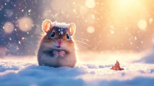 Cute snow covered mouse in warm winter sunset light.