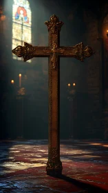 Golden ornate cross stands upright in a dim stone church