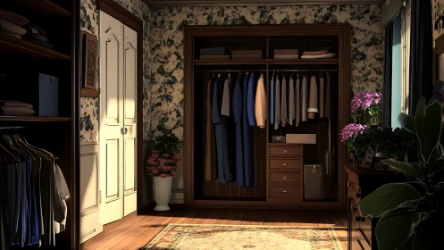 Organized wooden wardrobe in warm classic bedroom setting.
