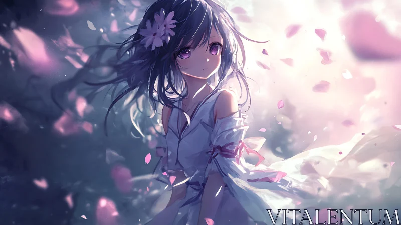 Anime girl in luminous petal vortex with diffused backlight.