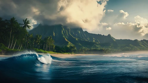 Stormlit tropical coastline meets tranquil blue surf at dusk