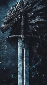 Frozen dragon and ancient sword united in fierce stillness.