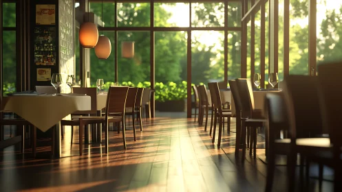 Modern glass-walled restaurant interior with window views.