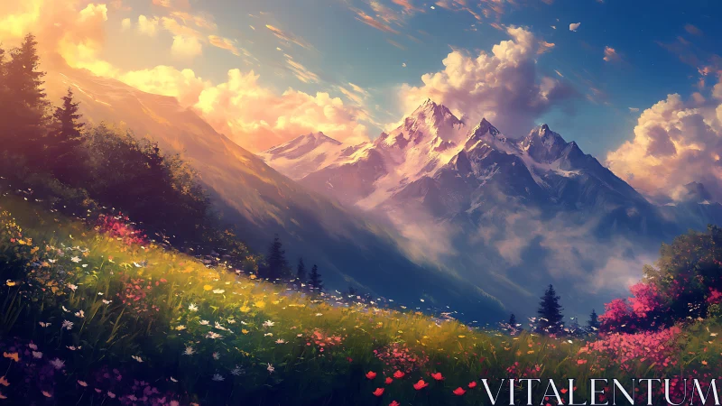 Luminous alpine meadow under volumetric sunset atmosphere.