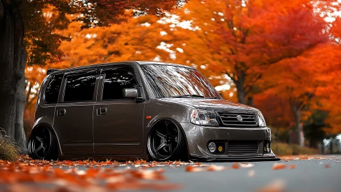 Lowered gray minivan parked on road in autumn forest.