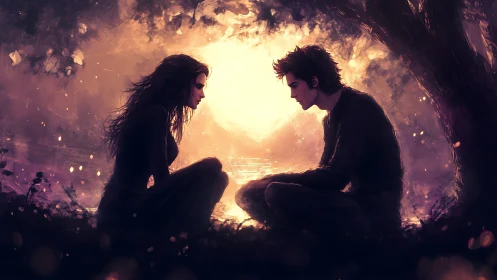 Two silhouettes embrace within luminous cavern portal.