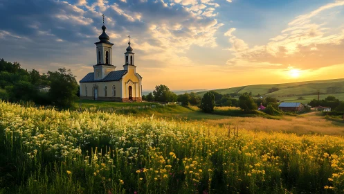 Sunlit rural church above wildflower meadow at golden hour.