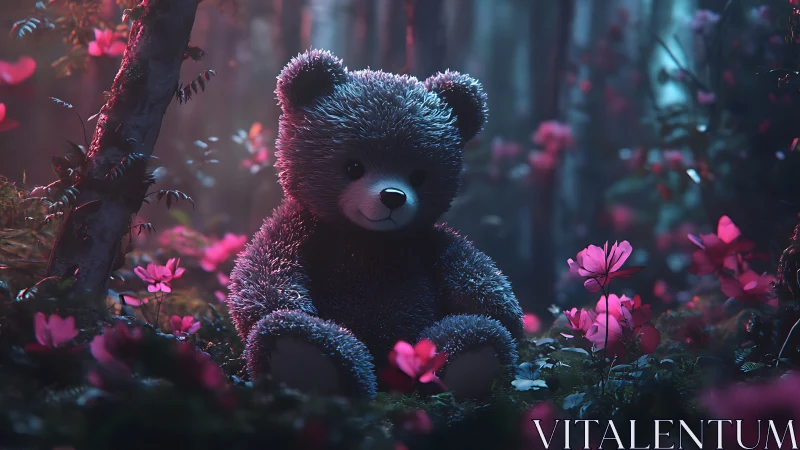 Soft teddy bear resting in neon-lit enchanted forest scene.