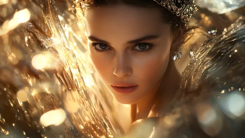 Female portrait amid golden abstract bokeh environment.