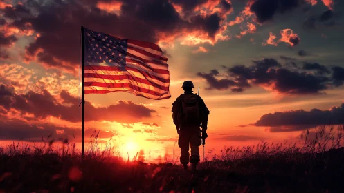 Sunset-washed soldier listens to the flag’s restless whisper