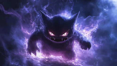 Ghostly grinner stormwalking through violet nightmare smoke.