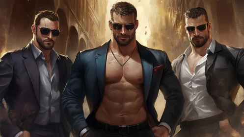 Confident suited bodyguards stride through a sunlit alleyway