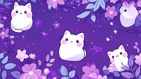 Whimsical Floral Cats in Lavender Dreams.