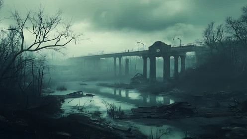 Fog-drowned bridge above a forsaken river of silent echoes.