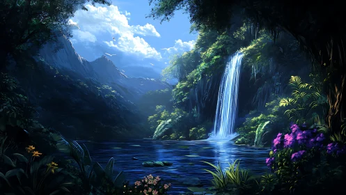 Moonlit waterfall hushes a hidden valley into painted sleep