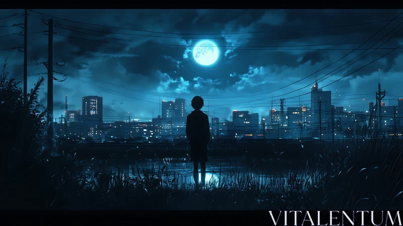 Silhouetted figure observes moonlit cybernetic city skyline