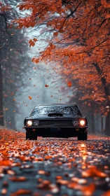 Classic black car under falling orange autumn leaves.