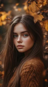Photorealistic autumn portrait with shallow depth of field.