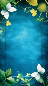 White butterflies drift over teal floral border background